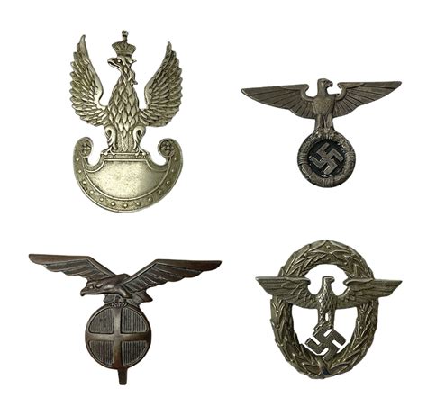 Three Ww2 German Visor Cap Badges Comprising Police Eagle Political Leaders Eagle And Norwegian