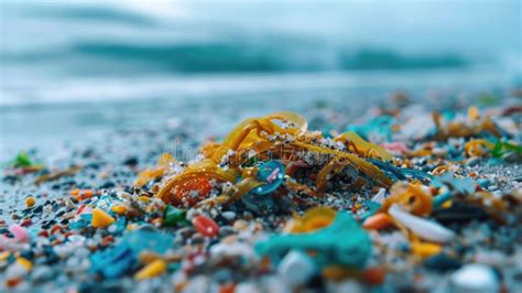 A Macro Shot Of Colorful Microplastics Entangled In Seaweed On The Beach Symbolizing Ocean