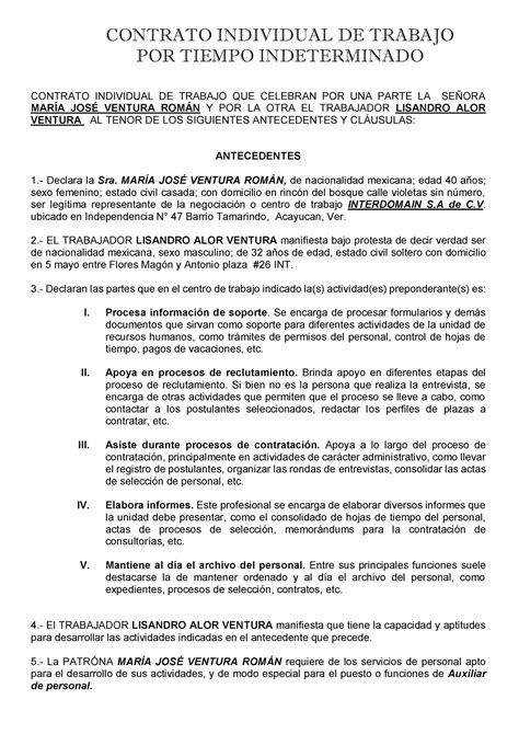 Contrato Individual De Trabajo Por Tiempo Indeterminado Recursos