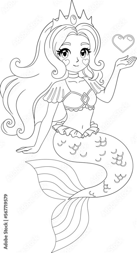 Cute mermaid with long hair. Isolated outline for coloring page Stock ...