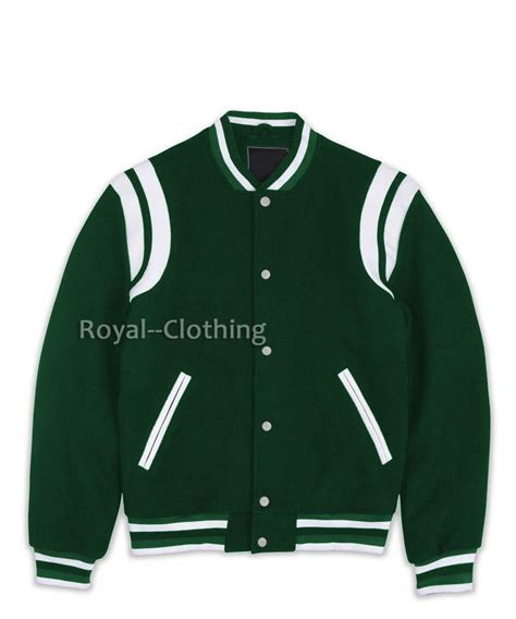 Super Wool Varsity Leather Stripe Stylish Letterman Baseball Forest Green Jacket Ebay