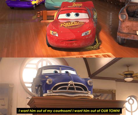 In Cars 215 Bc Doc Hudson Decides To Let Lightning Mcqueen Leave The Courtroom And The