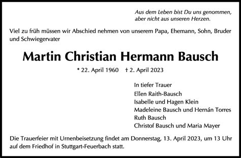 Traueranzeigen Von Martin Christian Hermann Bausch Stuttgart Gedenkt De