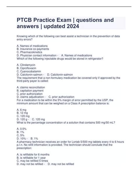 PTCB Practice Exam Questions And Answers Updated 2024 PTCB