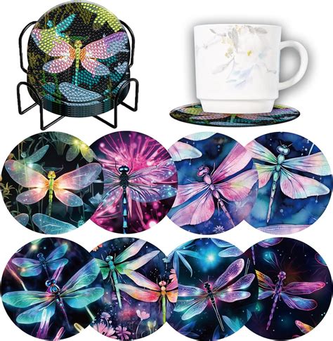 Pieces Dazzling Dragonfly Diamond Painting Coasters Kits With Holder