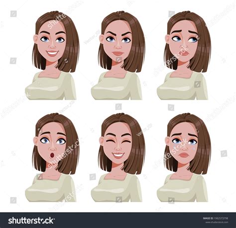 Face Expressions Woman Brown Hair Different Stock Vector Royalty Free