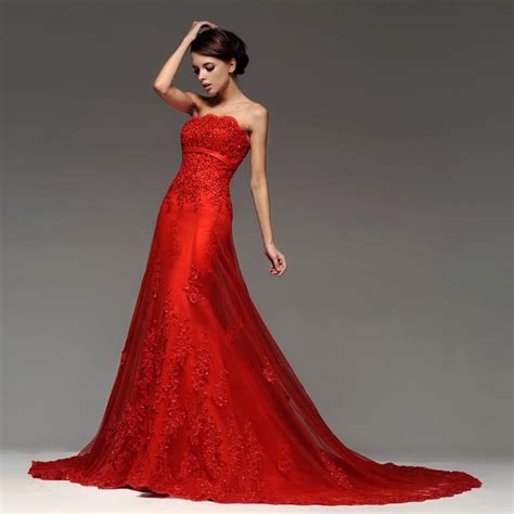 Strapless Red Lace Wedding Dress Empire Extremely Hot Red Wedding