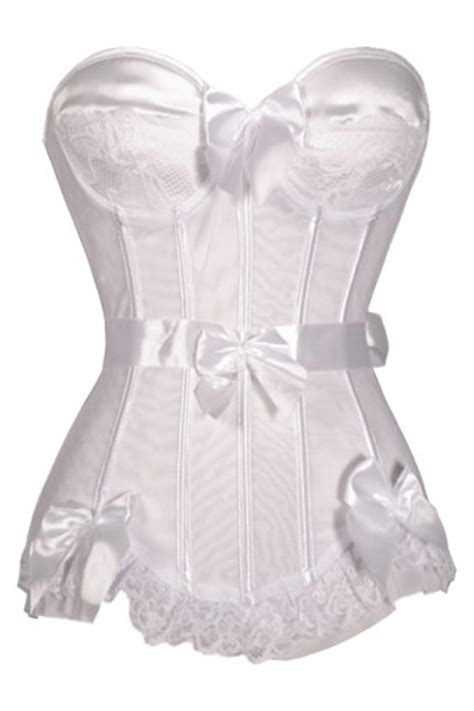 White Strapless Sateen Boned Corset With Bow Detailing And Ribbon Belt