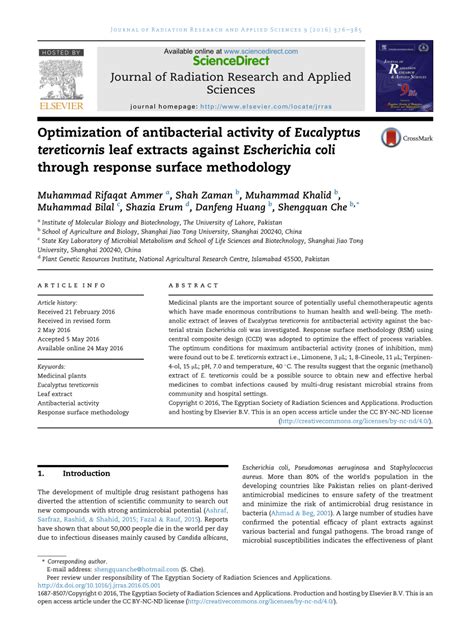 Pdf Optimization Of Antibacterial Activity Of Eucalyptus Tereticornis