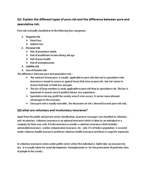 Q1 Explain The Different Types Of Pure Risk And The Difference Between Pure And Speculative