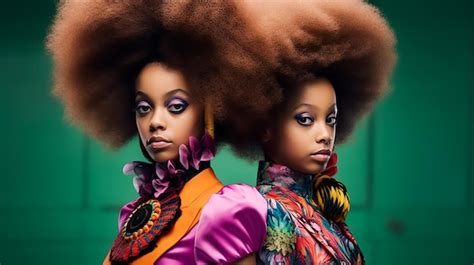 Modelos Afro Twins Girls En Vestido Colorido De Moda Vintage Y Estilo