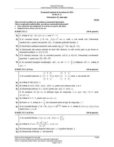 Bacalaureat Modele De Subiecte I Bareme Matematic