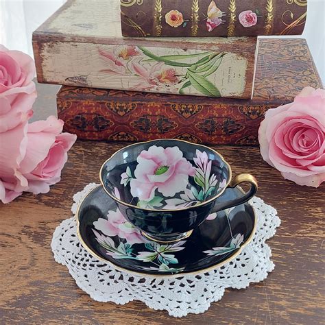 Occupied Japan Tea Cup and Saucer, Hand Painted Black with Pink Flowers