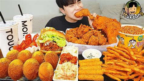 Asmr Mukbang 맘스터치 치킨먹방 치즈 햄버거 치즈스틱 후라이드치킨 And 레시피 Crispy Fried Chicken