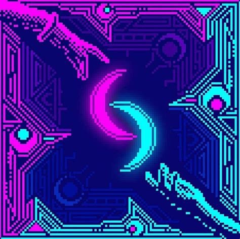 Pixel Art: Crescent Moon in Neon Cyberspace