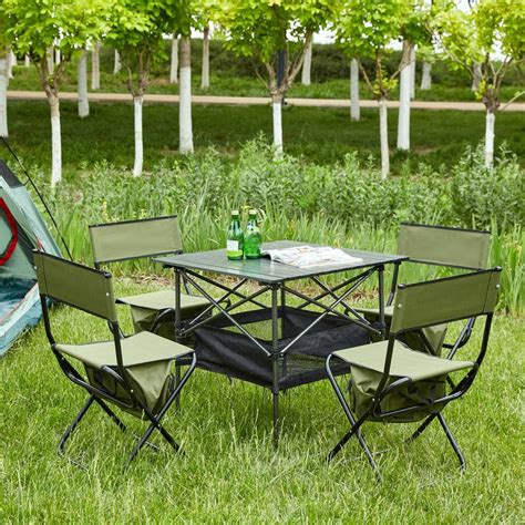 5-Piece Green Aluminum Folding Outdoor Lawn Chairs with Black Table for ...