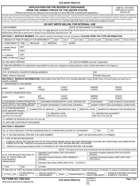 Dd Form 293 Application For The Review Of Discharge From The Armed