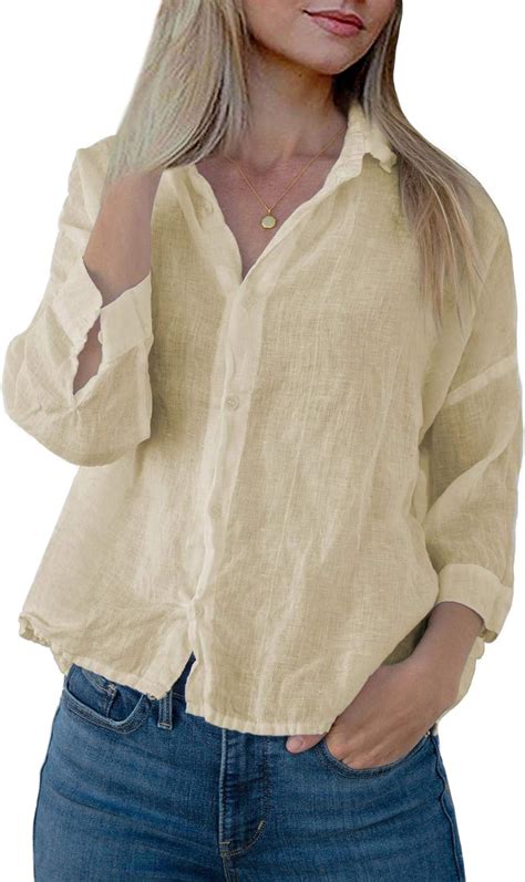 Womens Blouse Linen Casual Button Down Shirt 34 Sleeve Summer Loose Fit Tops At Amazon Womens