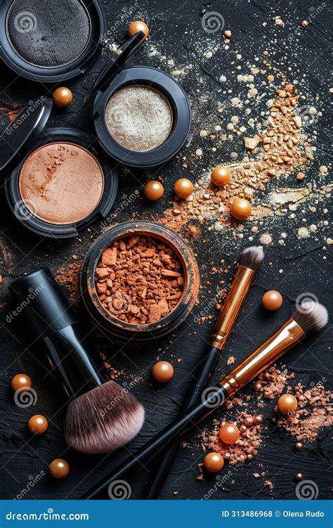 Assorted Cosmetic Products And Brushes Scattered On A Dark Surface