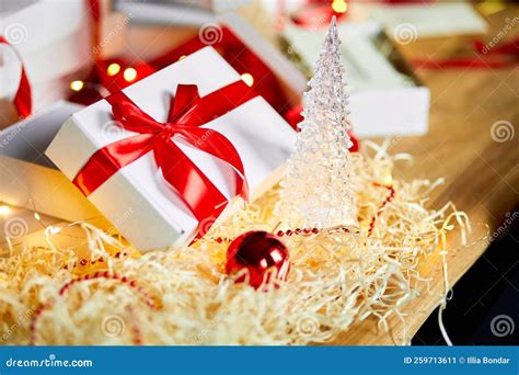 DIY Christmas Present Wrapping Christmas Gift White Box with a Red Ribbon Stock Image - Image of ...