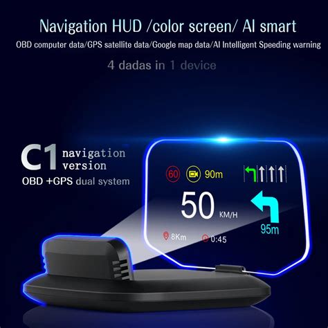 C1 네비게이션 버전 Hud 헤드업 디스플레이 자동차 Hud Obd2 Gps 속도계 과속 경고 Rpm 알람 Hud 미러