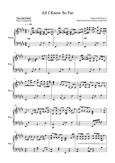 All I Know So Far Arr Marvella Fidelia By Pink Sheet Music For Piano Solo At Sheet Music Direct