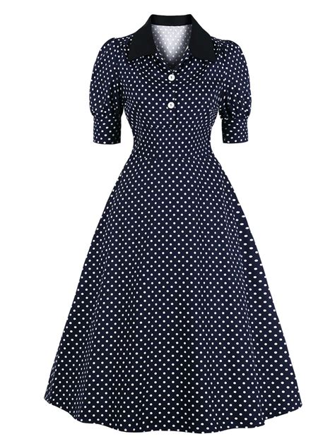 Robe Vintage Année 50s Femme Imprimé Pois Col Revers Avec Manches