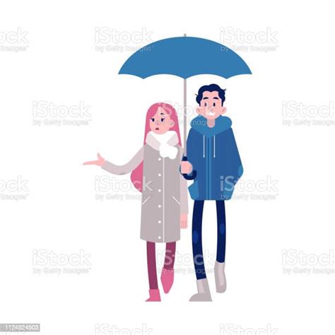 Vector Illustration Of Young Couple Holding Hands Walking Under Umbrella Stock Illustration