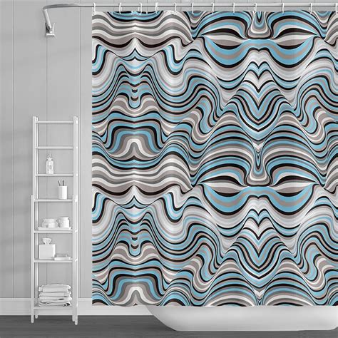 Bohemian Striped Shower Curtain Abstract Blue Grey Line Easy Care Art