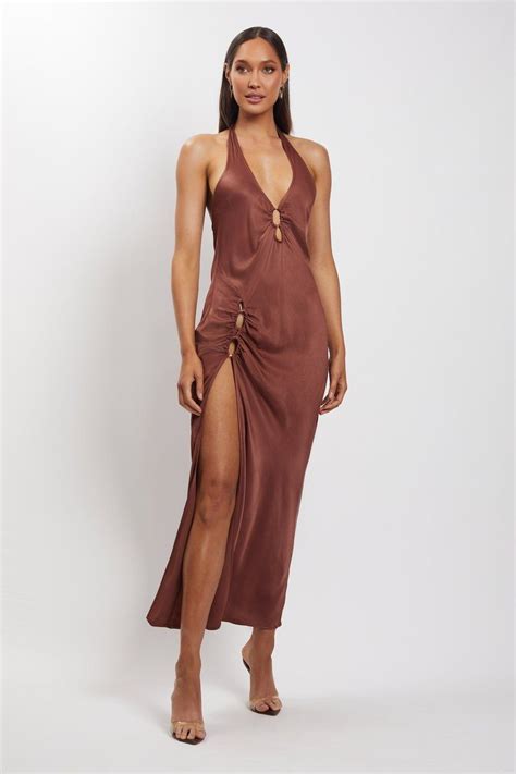 Tanja Halter Neck Side Split Midi Dress Chocolate Midi Dress