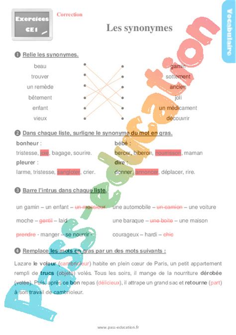 Les synonymes Exercices révisions 2eme Primaire PDF à imprimer