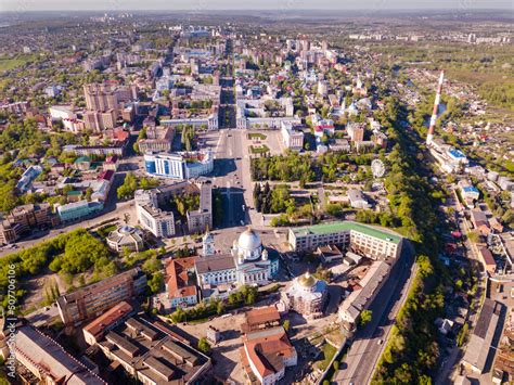 Aerial panoramic view of Kursk with Znamensky Cathedral on territory of ...