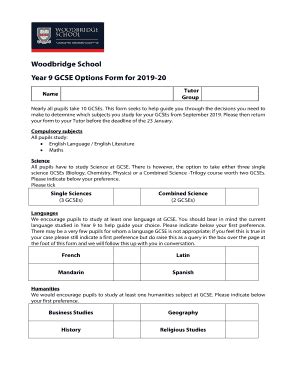 Fillable Online Woodbridge School Year 9 GCSE Options Form For 2019 20