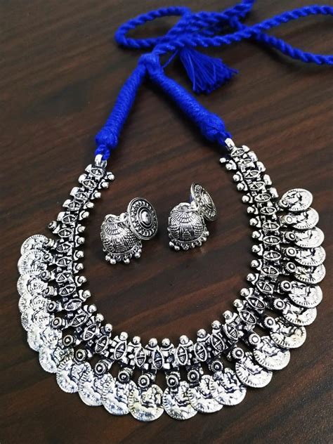 Oxidized Choker Necklace Set Indian Jewellery Set Coin Etsy