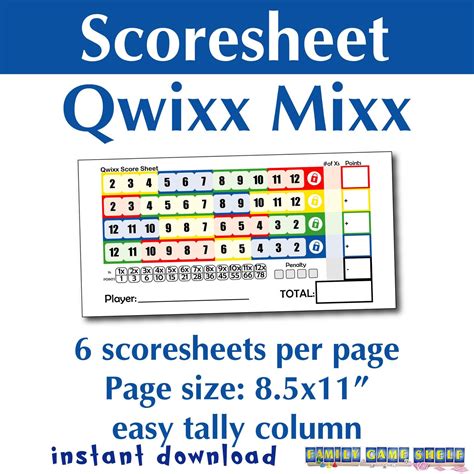 Printable Qwixx Mixx Dice Game Score Sheet Qwixx Mixx Score Pad Qwixx