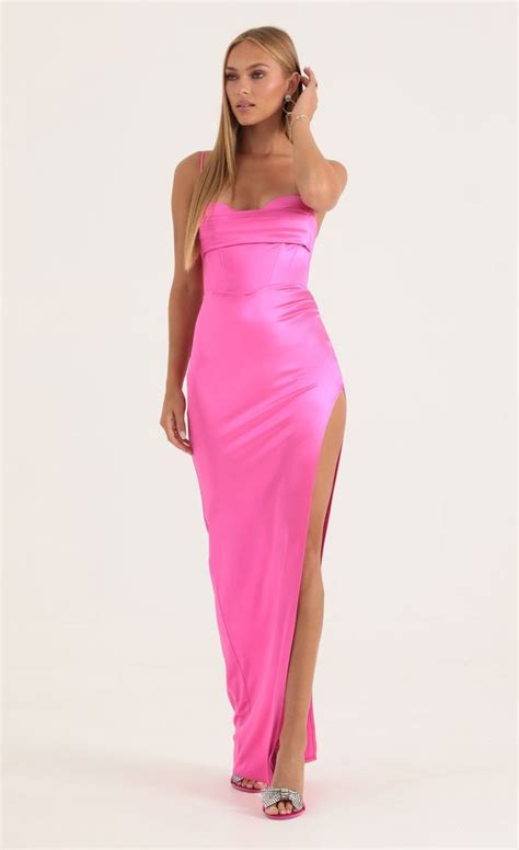 Satin Corset Maxi Dress In Pink Pink Long Dress Bright Pink Dresses