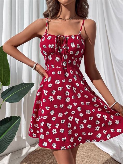 Shein Vcay Floral Print Knot Front Ruched Bust Cami Dress Shein Usa