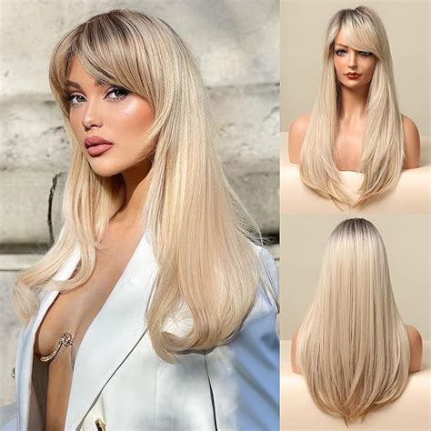 Amazon Honygebia Long Blonde Wig With Bangs Ombre Dark Root