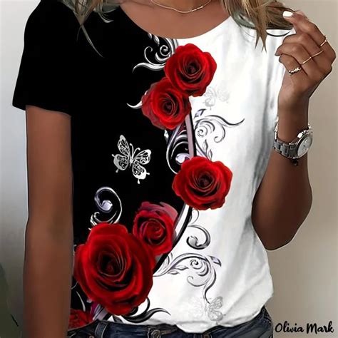 Olivia Mark Womens Plus Size Colorblock Rose Print Casual T Shirt