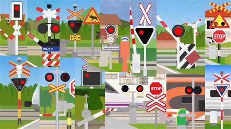 踏切アニメヨーロッパのふみきりがいろんな場所でカンカンEuropean Railroad crossings on various