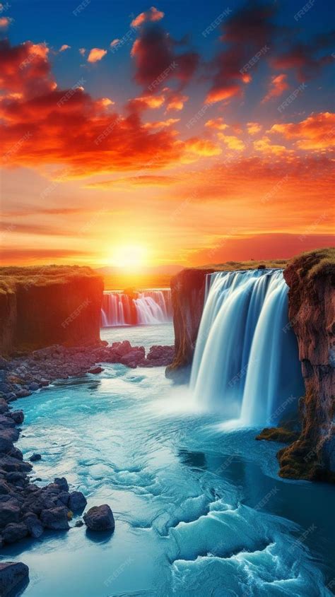 Premium Photo A Waterfall With A Sunset In The Background