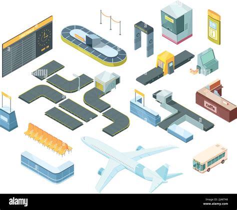 Airport Isometric Set With Transportation Security System Equipment Passport Control Booth