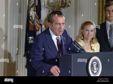 PRESIDENT RICHARD NIXON making farewell resignation speech to White ...