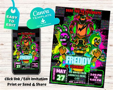 Five Nights At Freddys Birthday Invitation Fnaf Invite Canva Digital