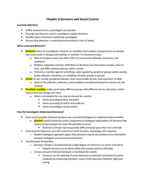 Sociology Chap Notes Deviance And Social Control Chapter