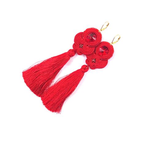 Christmas Red Tassel Earrings Very Long Earrings Soutache Earrings With Rivoli Crystals