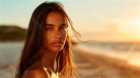 Mulher Pele Bronzeada Em Um Por Do Sol Na Praia Fotos Ia