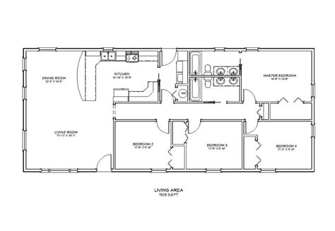 4 Bedroom 2 Bath Ranch Style Architectural Plans, 1508 SF, 60'x25', One ...