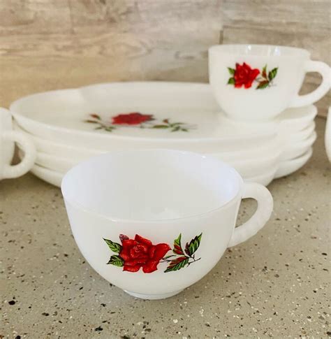 Vintage Federal Red Rose Milk Glass Rosecrest Snack Tray Tea Etsy