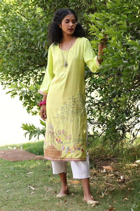 Buy Green Cotton Embroidered Tree U Neck Mughal Garden Kurta And Pant